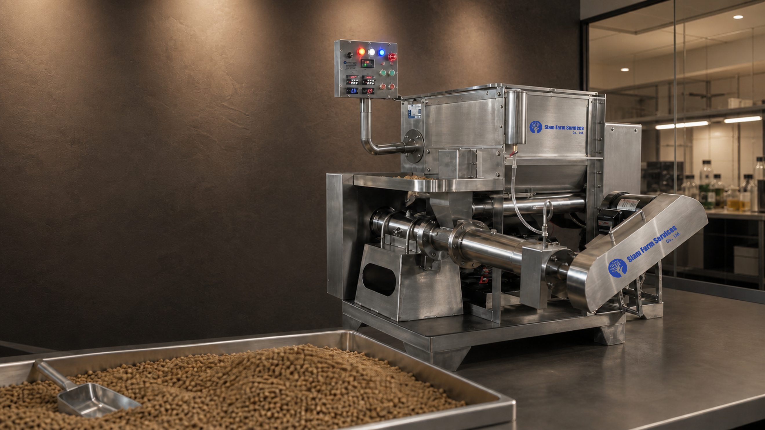 Siam Farm Services branded pilot-scale feed extruder in a warm earth-tone formulation laboratory
